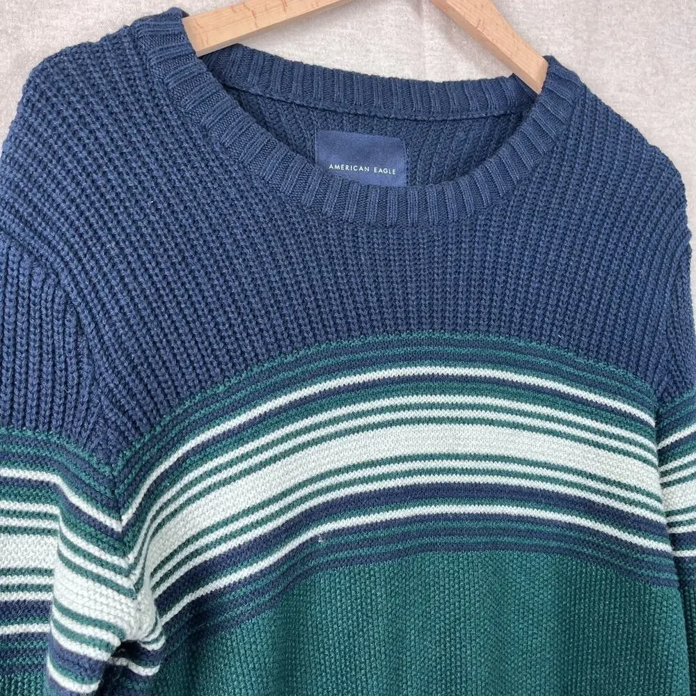 Vintage 90s American Eagle Mens Sweater Small Ribbed Knit Striped Wool Blend Y2K - Picture 2 of 10